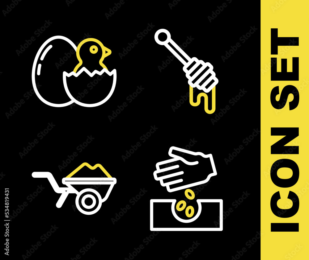 Set line Honey dipper stick, Seeds, Wheelbarrow with dirt and Little chick in cracked egg icon. Vector Set line Honey dipper stick, Seeds, Wheelbarrow with dirt and Little chick in cracked egg icon. Vector