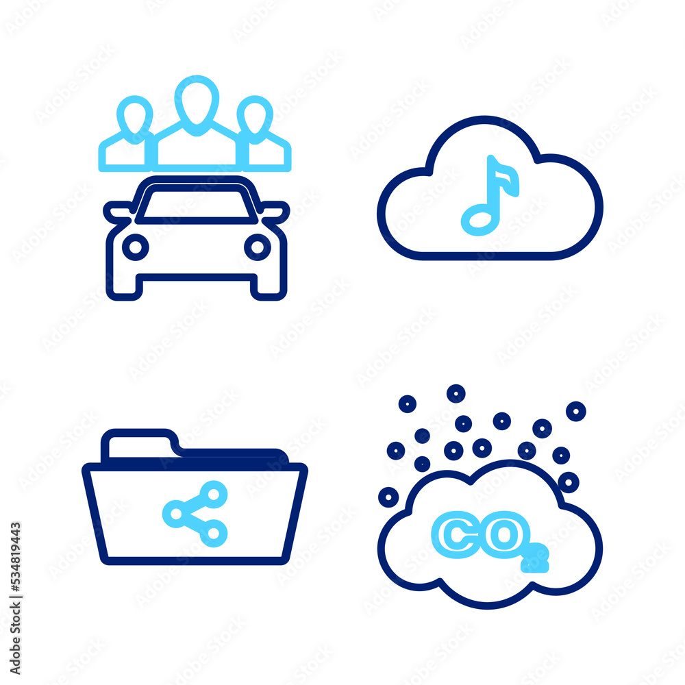 Set line CO2 emissions in cloud, Share folder, Music streaming service and Car sharing icon. Vector Set line CO2 emissions in cloud, Share folder, Music streaming service and Car sharing icon. Vector