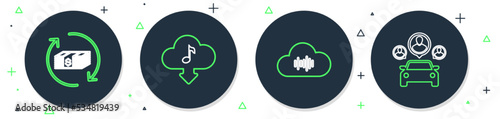 Set line Cloud download music, Music streaming service, Refund money and Car sharing icon. Vector
