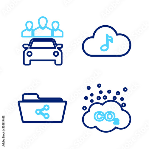 Set line CO2 emissions in cloud, Share folder, Music streaming service and Car sharing icon. Vector