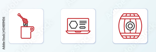 Set line Wooden barrel with honey, Honey dipper stick and online service icon. Vector