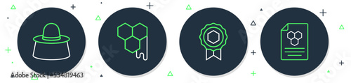 Set line Honeycomb, medal, Beekeeper with protect hat and icon. Vector