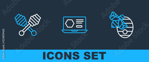 Set line Hive for bees, Honey dipper stick and online service icon. Vector