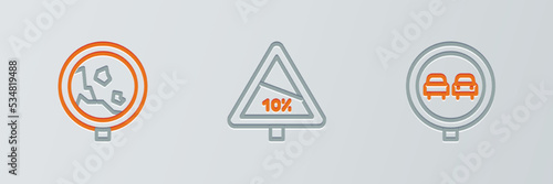 Set line No overtaking road traffic, Road warning rockfall and Steep ascent and descent icon. Vector