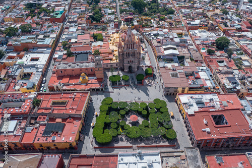 Aerial: pretty cityscape in San Miguel de Allende, Mexico. Drone view

