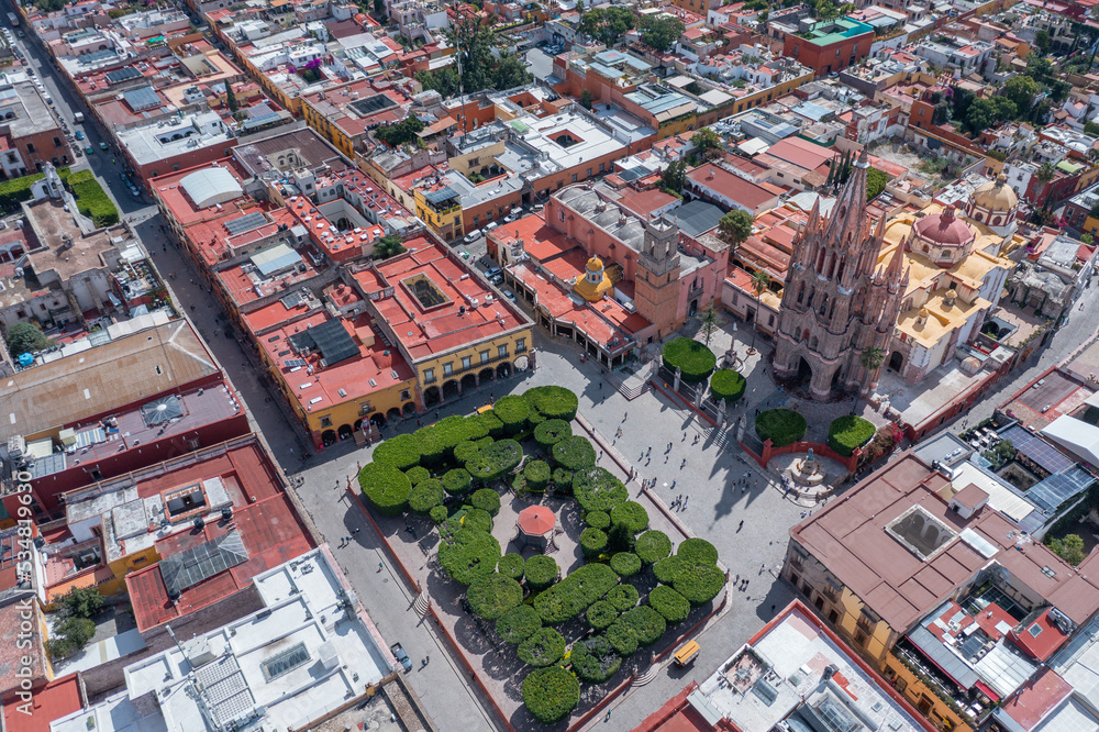 Aerial: beautiful cityscape in San Miguel de Allende, Mexico. Drone view
