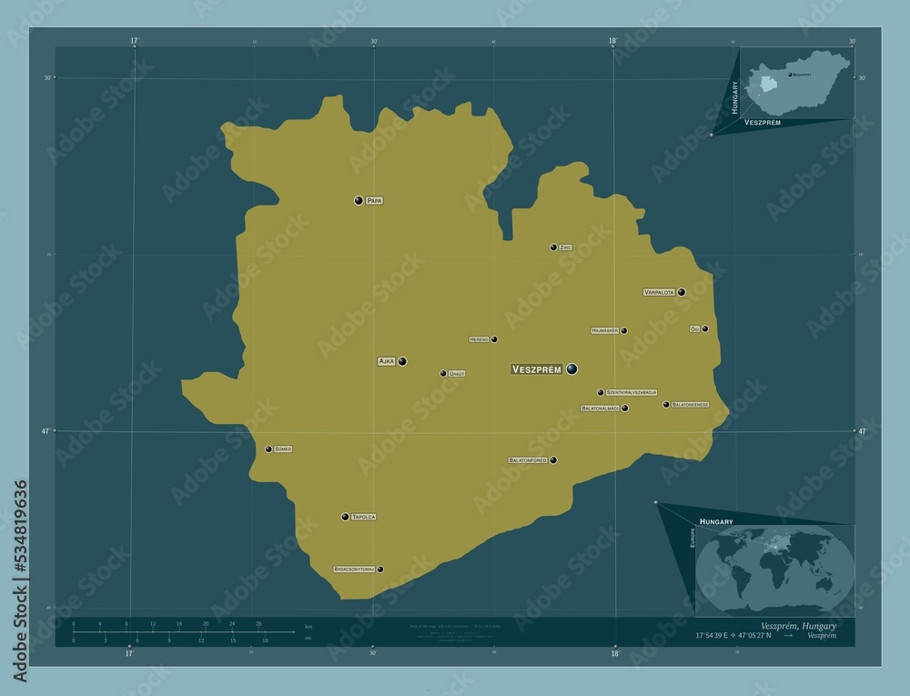Obraz premium Veszprem, Hungary. Solid. Labelled points of cities