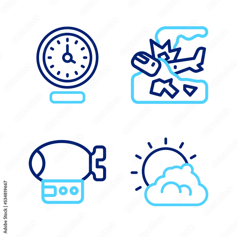 Set line Sun and cloud weather, Airship, Plane crash and Clock icon. Vector Set line Sun and cloud weather, Airship, Plane crash and Clock icon. Vector