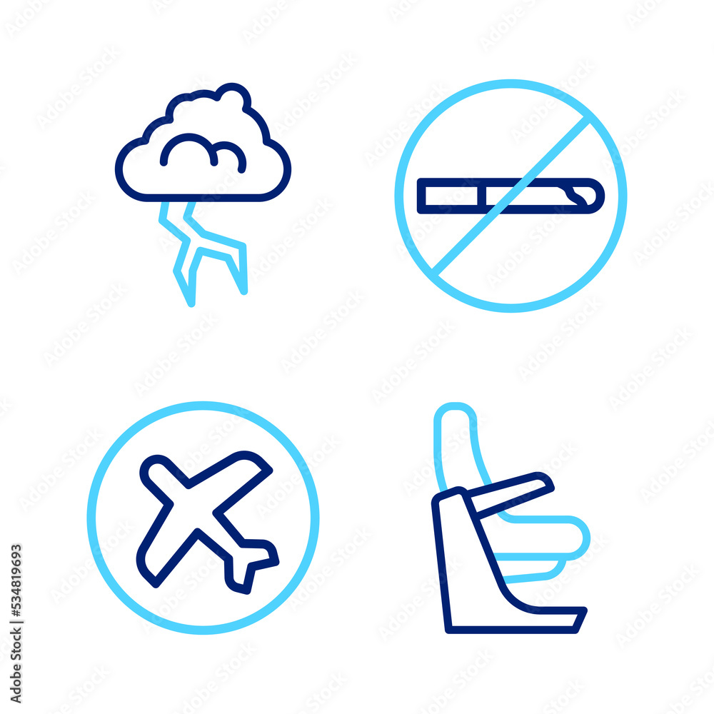Set line Airplane seat, Plane, No Smoking and Storm icon. Vector Set line Airplane seat, Plane, No Smoking and Storm icon. Vector