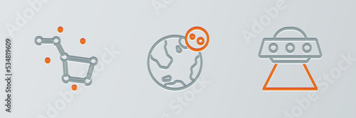 Set line UFO flying spaceship, Great Bear constellation and Earth globe icon. Vector