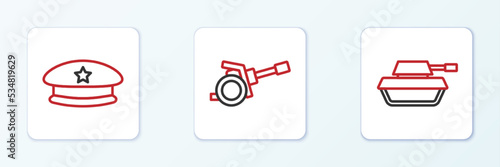 Set line Military tank, beret and Howitzer icon. Vector