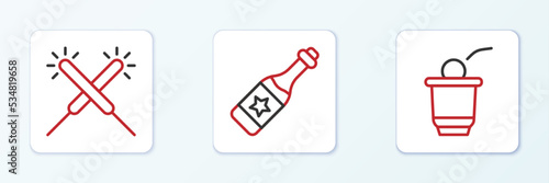 Set line Beer pong game, Sparkler firework and Champagne bottle icon. Vector