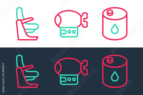 Set line Barrel oil, Airplane seat and Airship icon. Vector