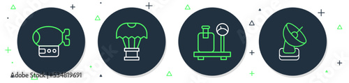 Set line Box flying on parachute, Scale with suitcase, Airship and Radar icon. Vector