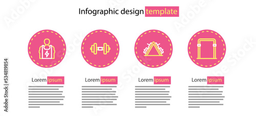 Set line Metal rack with weight, Sport horizontal bar, Dumbbell and Bodybuilder icon. Vector