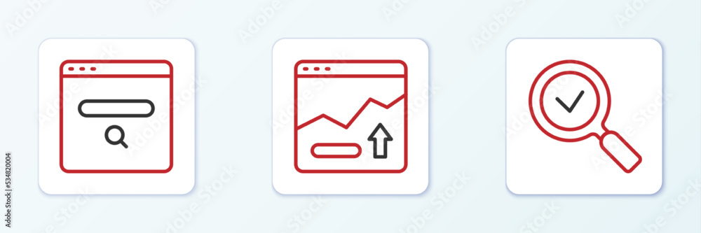 Set line Magnifying glass with check mark, Search engine and Financial growth increase icon. Vector Set line Magnifying glass with check mark, Search engine and Financial growth increase icon. Vector