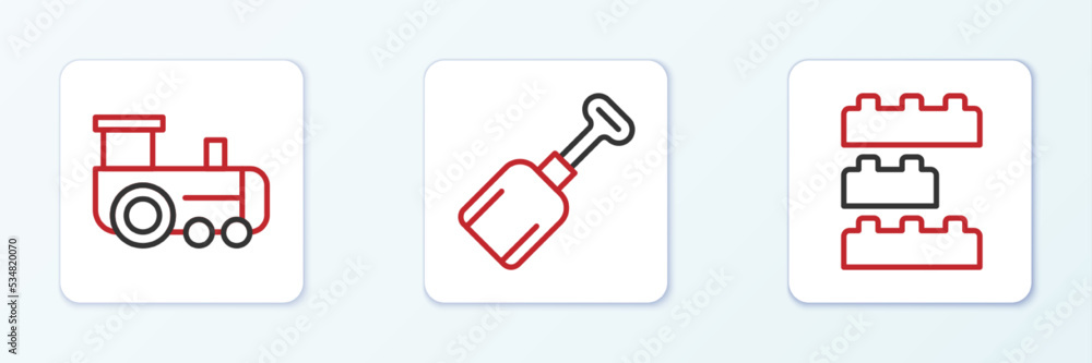 Set line Toy building block bricks, train and Shovel toy icon. Vector Set line Toy building block bricks, train and Shovel toy icon. Vector