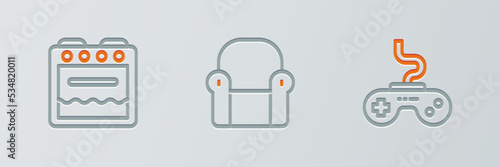Set line Gamepad, Oven and Armchair icon. Vector