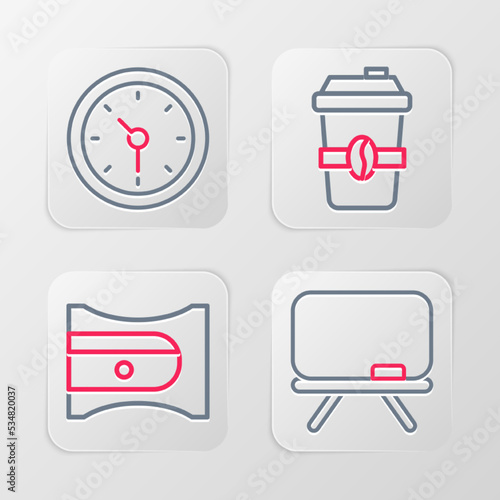 Set line Chalkboard, Pencil sharpener, Coffee cup to go and Clock icon. Vector