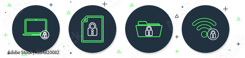 Set line Document and lock, Folder, Laptop and Wifi locked icon. Vector