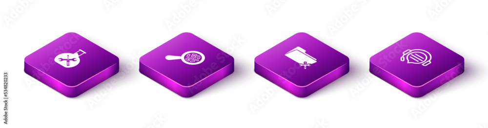 Set Isometric Bioengineering service, Microorganisms under magnifier, Folder and Headphones with speech bubble chat icon. Vector Set Isometric Bioengineering service, Microorganisms under magnifier, Folder and Headphones with speech bubble chat icon. Vector