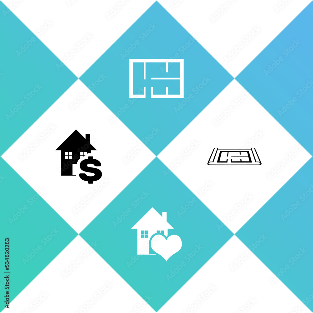 Set House with dollar, heart shape, plan and icon. Vector Set House with dollar, heart shape, plan and icon. Vector