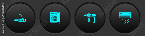 Set Chainsaw, Telephone, Electric drill machine and Air conditioner icon. Vector