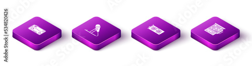 Set Isometric Mobile and playing in game, Microphone, Video graphic card and Slot machine icon. Vector