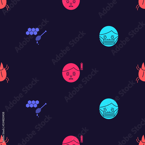 Set Face in protective mask, Honeycomb with honey dipper, Fatigue and Parasite mite on seamless pattern. Vector