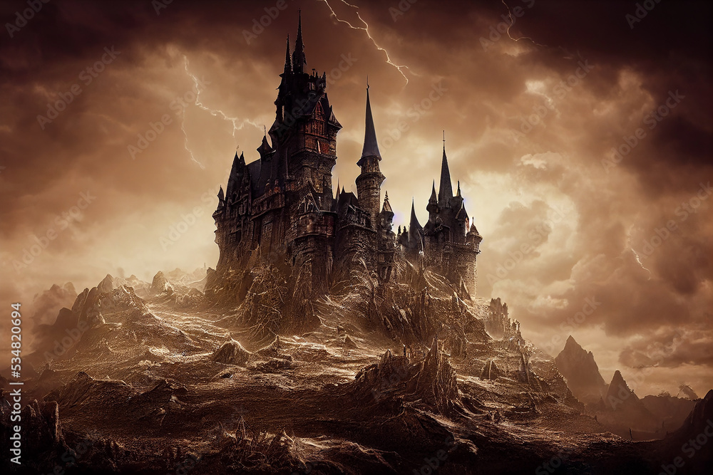 Naklejka premium dark fantasy castle with a sepia theme, abstract digital illustration, created with generative ai
