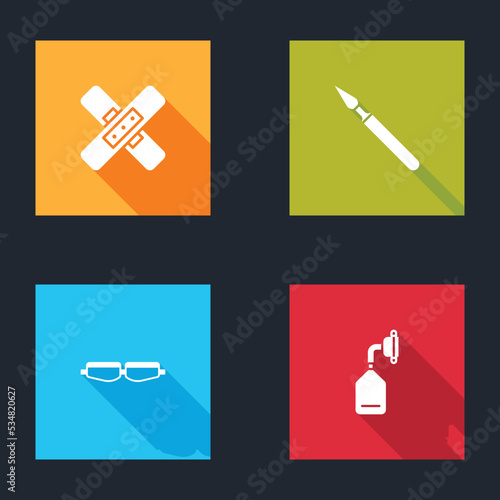 Set Crossed bandage plaster, Medical surgery scalpel, Safety goggle glasses and oxygen mask icon. Vector