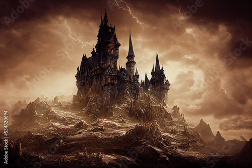 Fototapete dark fantasy castle with a sepia theme, abstract digital illustration