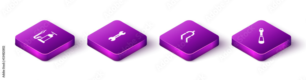 Set Isometric Bicycle air pump, Wrench spanner, fork and Screwdriver icon. Vector Set Isometric Bicycle air pump, Wrench spanner, fork and Screwdriver icon. Vector