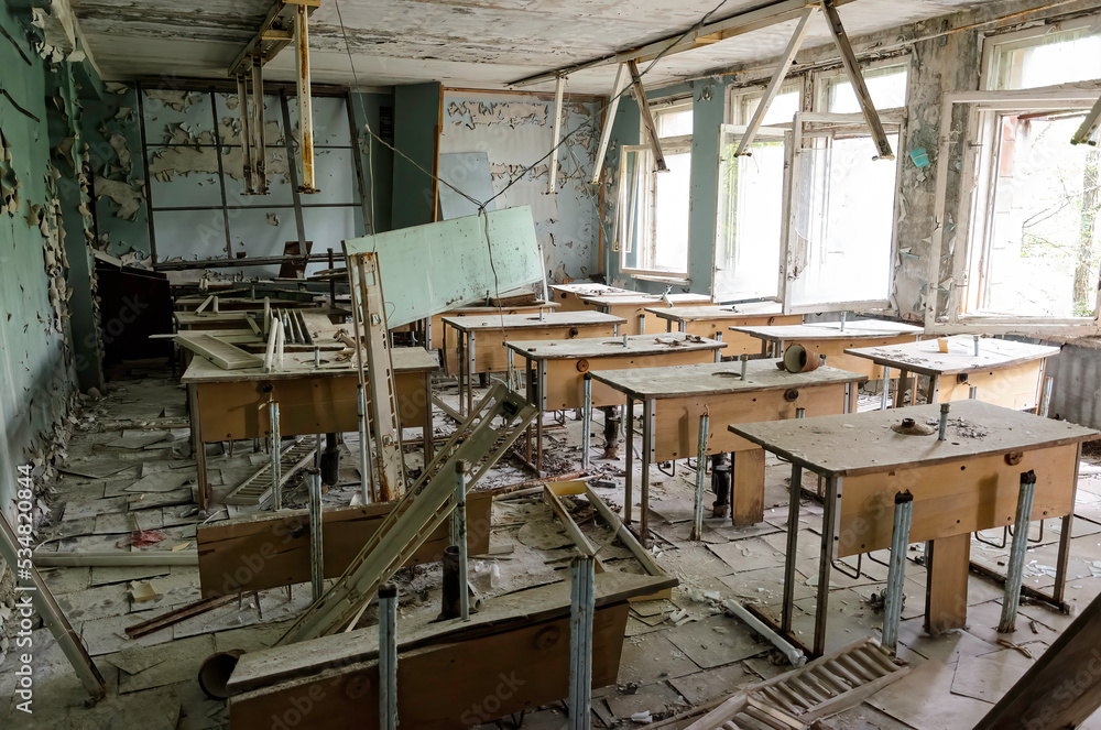Prypiat classroom, Chernobyl exclusion zone, Ukraine