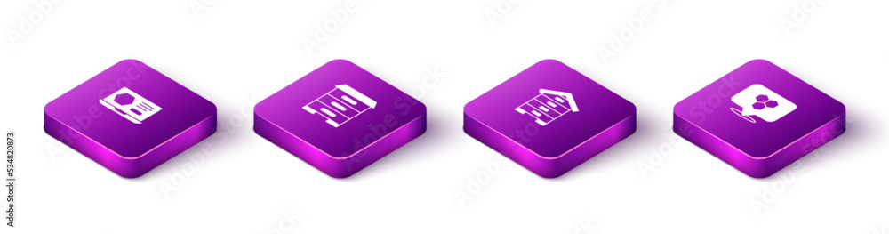 Set Isometric Honey online service, Hive for bees, and Honeycomb location icon. Vector Set Isometric Honey online service, Hive for bees, and Honeycomb location icon. Vector