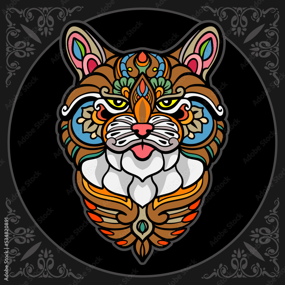 Colorful cat head mandala arts isolated on black background