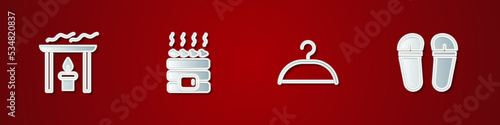 Set Aroma candle, Hot sauna stones, Hanger wardrobe and Flip flops icon. Vector