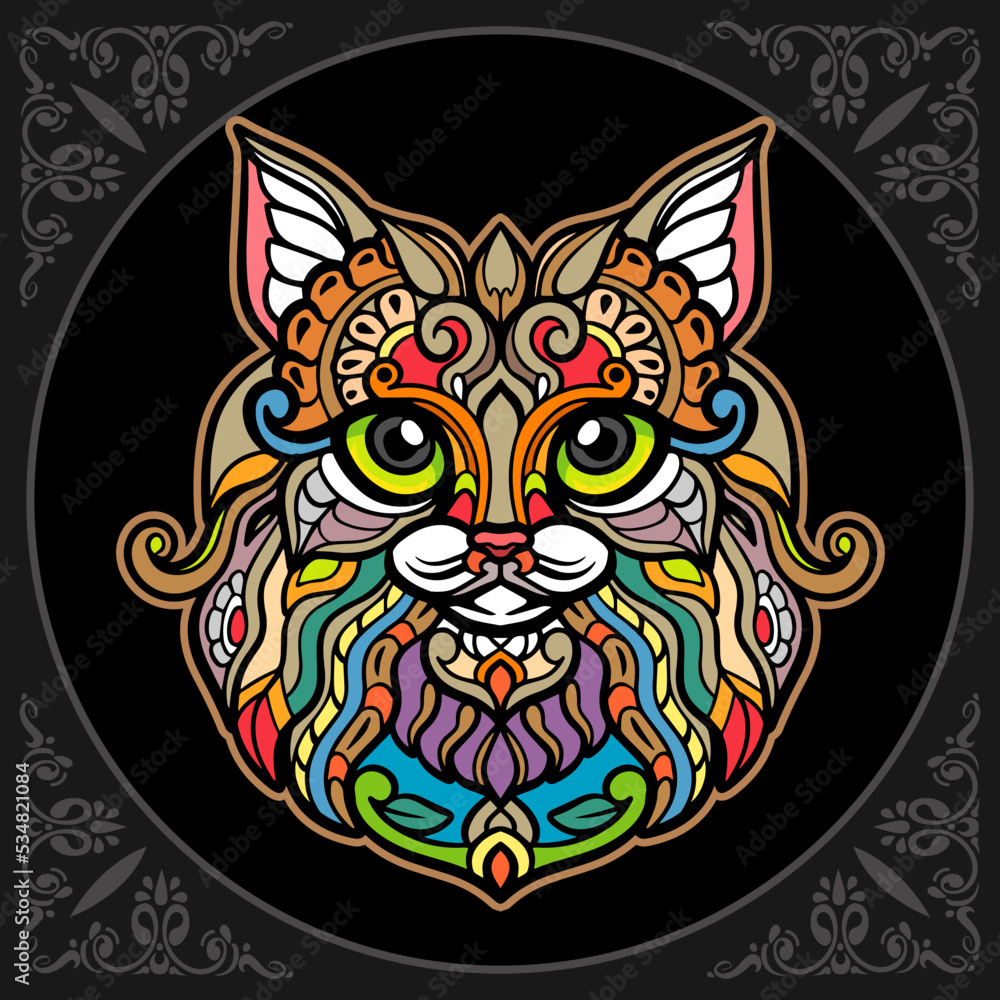 Fototapeta premium Colorful cat head mandala arts isolated on black background