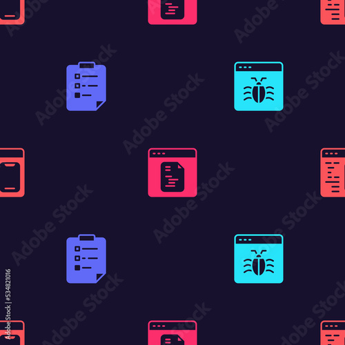 Set System bug, Clipboard with checklist, Software and on seamless pattern. Vector