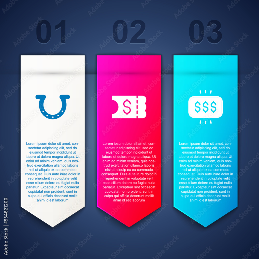 Set Horseshoe, Lottery ticket and Money prize in casino. Business infographic template. Vector Set Horseshoe, Lottery ticket and Money prize in casino. Business infographic template. Vector