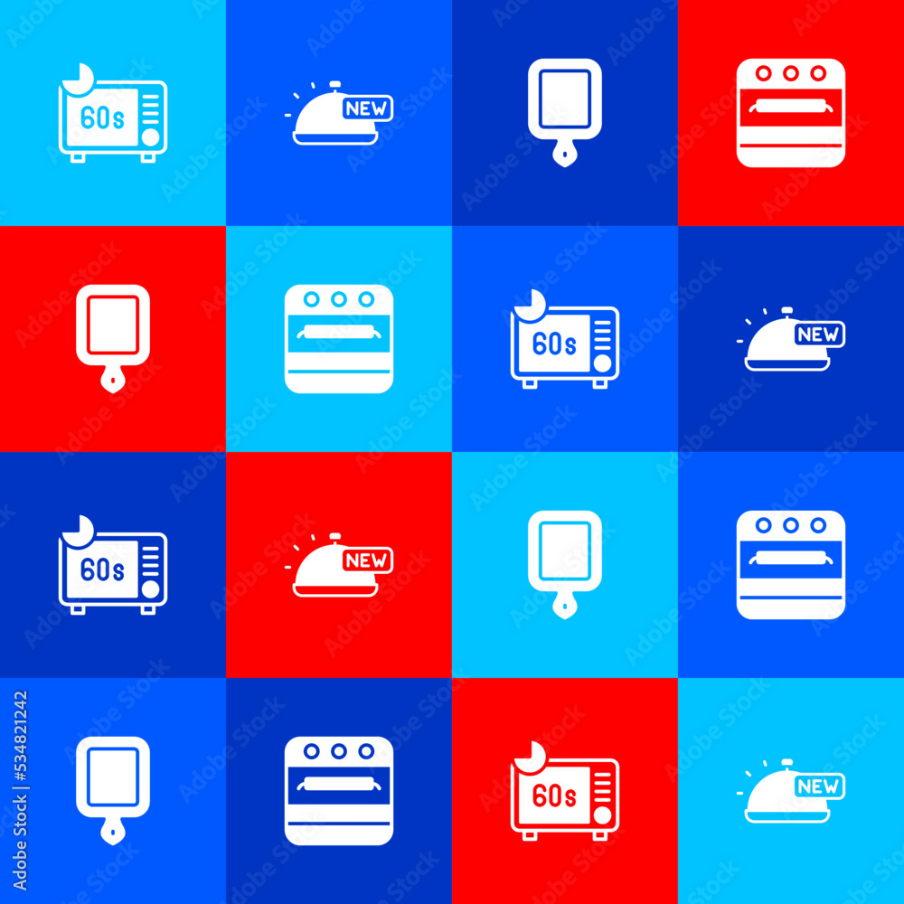 Set Microwave oven, Covered with tray of food, Cutting board and Oven icon. Vector Set Microwave oven, Covered with tray of food, Cutting board and Oven icon. Vector