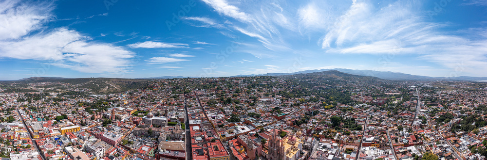Aerial: beautiful cityscape and landscape in San Miguel de Allende. Drone view