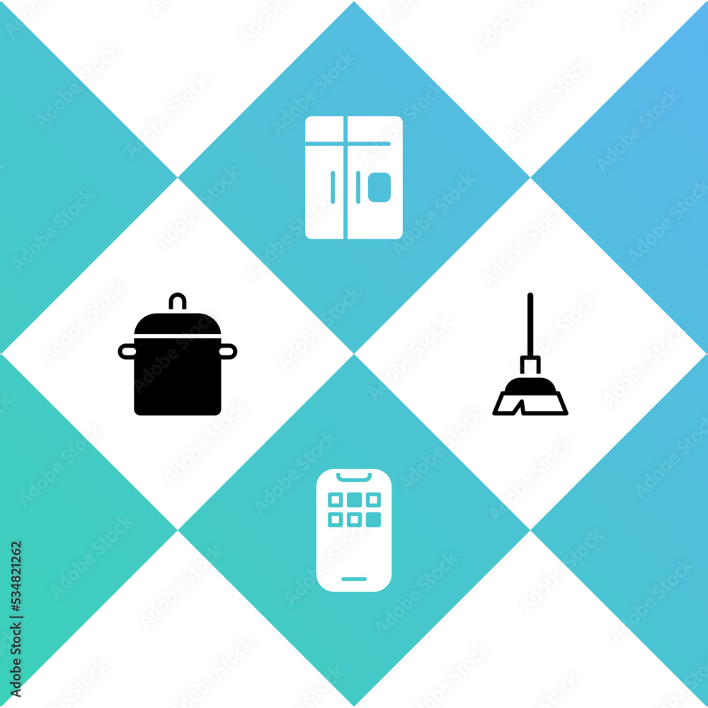 Set Cooking pot, Mobile Apps, Refrigerator and Handle broom icon. Vector Set Cooking pot, Mobile Apps, Refrigerator and Handle broom icon. Vector