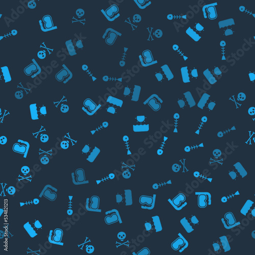 Set Diving mask and snorkel, Dead fish, Sun and Skull on crossbones on seamless pattern. Vector