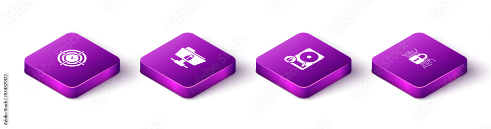 Set Isometric Time Management, FTP folder and lock, Hard disk drive and Cyber security icon. Vector Set Isometric Time Management, FTP folder and lock, Hard disk drive and Cyber security icon. Vector