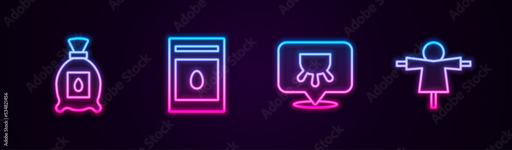 Set line Pack full of seeds of plant, , Udder and Scarecrow. Glowing neon icon. Vector Set line Pack full of seeds of plant, , Udder and Scarecrow. Glowing neon icon. Vector