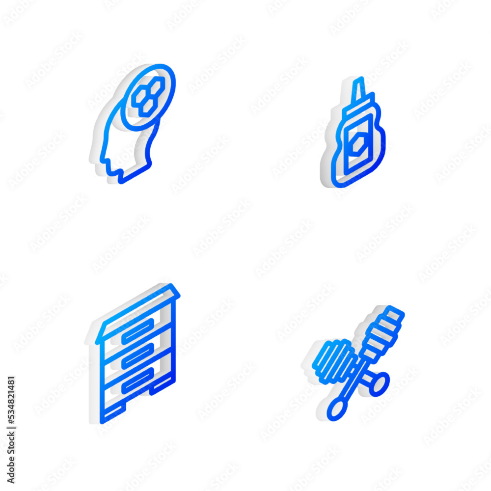 Set Isometric line Jar of honey, Beekeeper, Hive for bees and Honey dipper stick icon. Vector Set Isometric line Jar of honey, Beekeeper, Hive for bees and Honey dipper stick icon. Vector