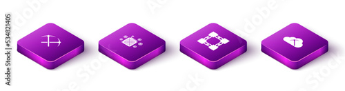 Set Isometric Crossed pickaxe, ASIC Miner, Blockchain technology and Cryptocurrency cloud mining icon. Vector