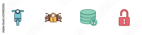 Set Scooter, Cyber security, Server with lock and Open padlock icon. Vector