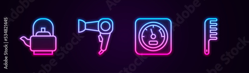 Set line Kettle with handle, Hair dryer, Sauna thermometer and Hairbrush. Glowing neon icon. Vector